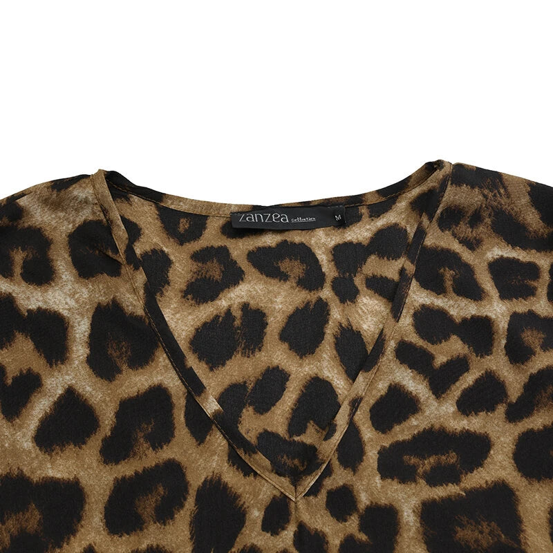 ZANZEA Women Plus Size Leopard Print Long Dress V-Neck Puff Sleeve Lace-Up Maxi Dress For Women
