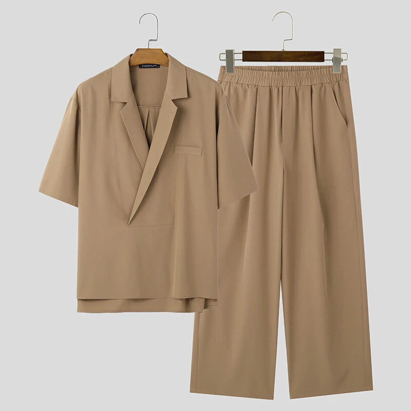 INCERUN Men's Two-piece Outfits, Suit Collar Draped Short Sleeve Shirt + Pant, Casual Comfy Loose Suits For Summer