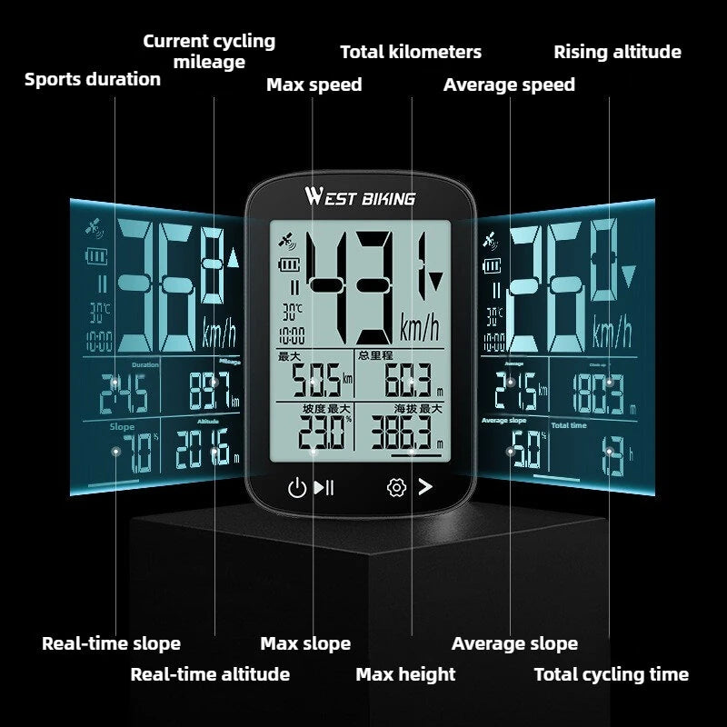 WEST BIKING XQ2 2.4'' GPS Wireless Bike Computer Auto Backlight IPX7 Waterproof Type-C Charge Speedometer for MTB Cycling