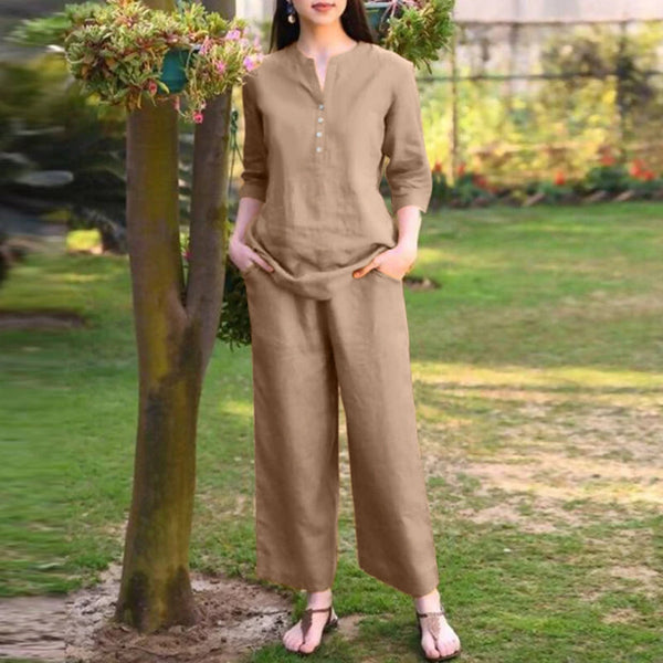 ZANZEA Women Vintage Daily Pockets Elastic Waist Solid Color Tops Trousers Solid Color Two-Piece Set