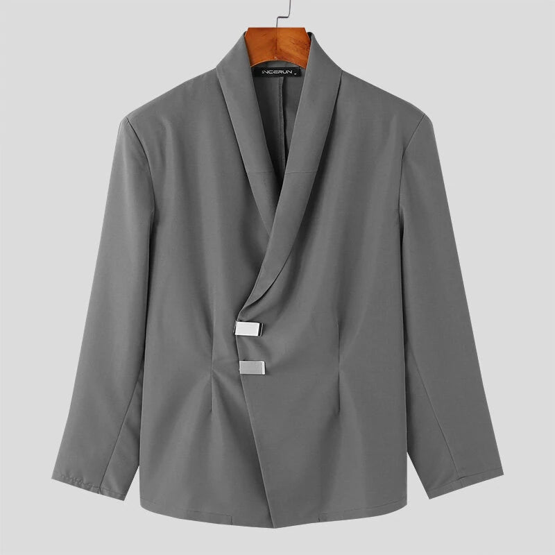 INCERUN Men Long Sleeved Blazer with Slanted Lapels and Metal Buttons and Shoulder Pads Fashion Loose Fit Blazers for Big Men Large Size S-5XL
