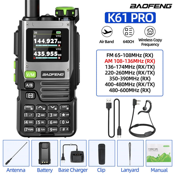 BAOFENG UV-K61 PRO All-Band Two-Way Radio 640 Channels Voice-Activated NOAA Weather Stations Type-C Recharge for Outdoor Hiking and Emergency Communication EU Plug