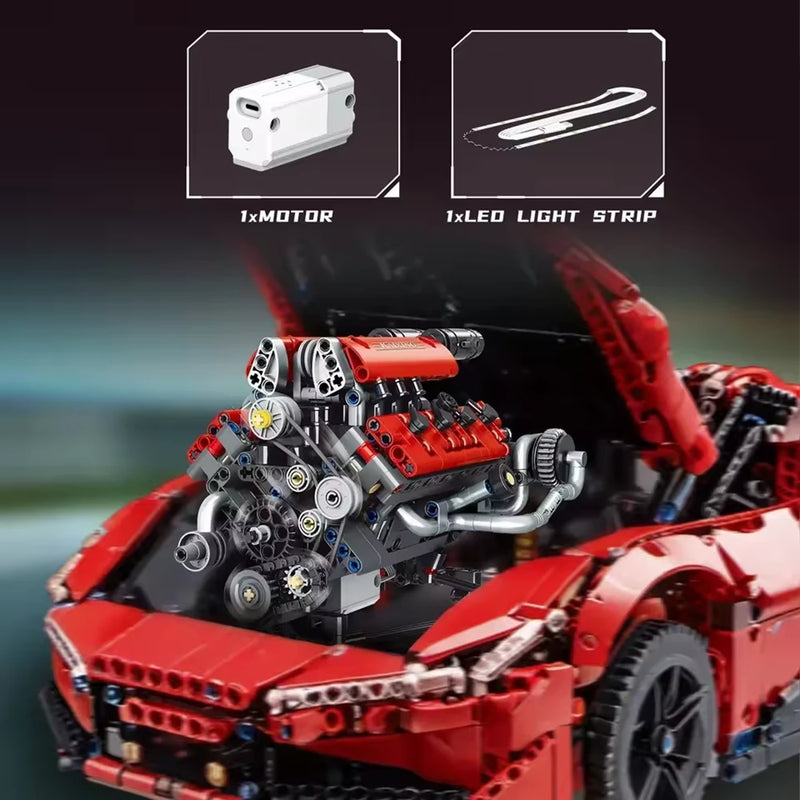 660PCS K96203 MOC Motorized Ferrari488  V8 Engine Model Technical Building Block Brick Assembly Kit with LED Lights Rechargeable APP Controlled Science Education Discovery Toys Christmas Gift Gifts