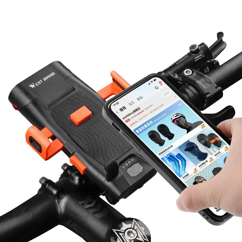 WEST BIKING 5 IN 1 500Lm Brightness Bike Headlight 3000mAh Battery Waterproof 4 Light Modes Power Bank Phone Holder with 130db Horn Warning Light for Night Cycling