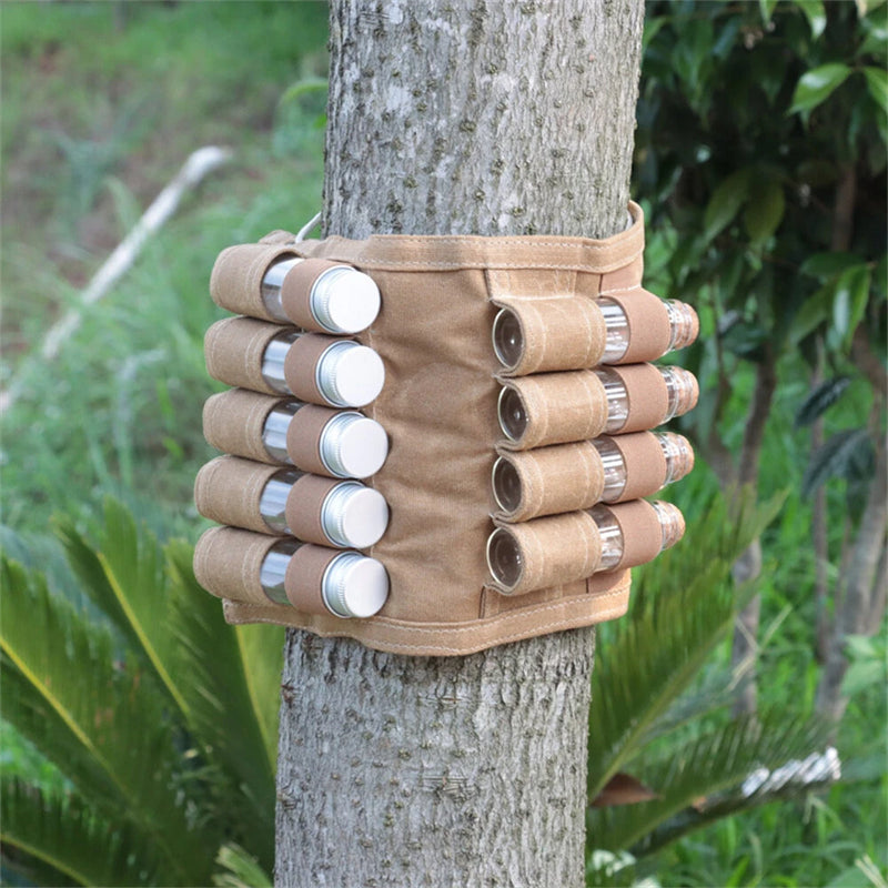 IPRee Reliable Outdoor Camping Spice Bottle Storage Bag Free with 9pcs Glass Spice Bottle Storage Bag BBQ Seasoning Bottle Canvas Bag