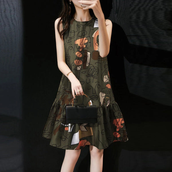 ZANZEA Elegant Style Women's Dresses Sleeveless Round Neck Printed A-Line Mermaid Dress