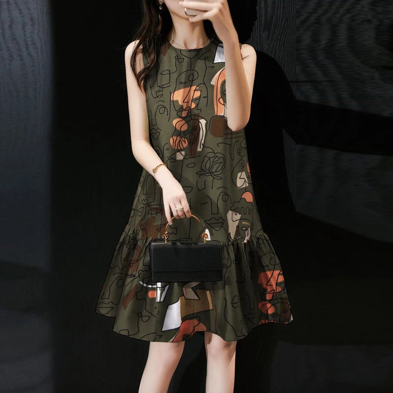 ZANZEA Elegant Style Women's Dresses Sleeveless Round Neck Printed A-Line Mermaid Dress