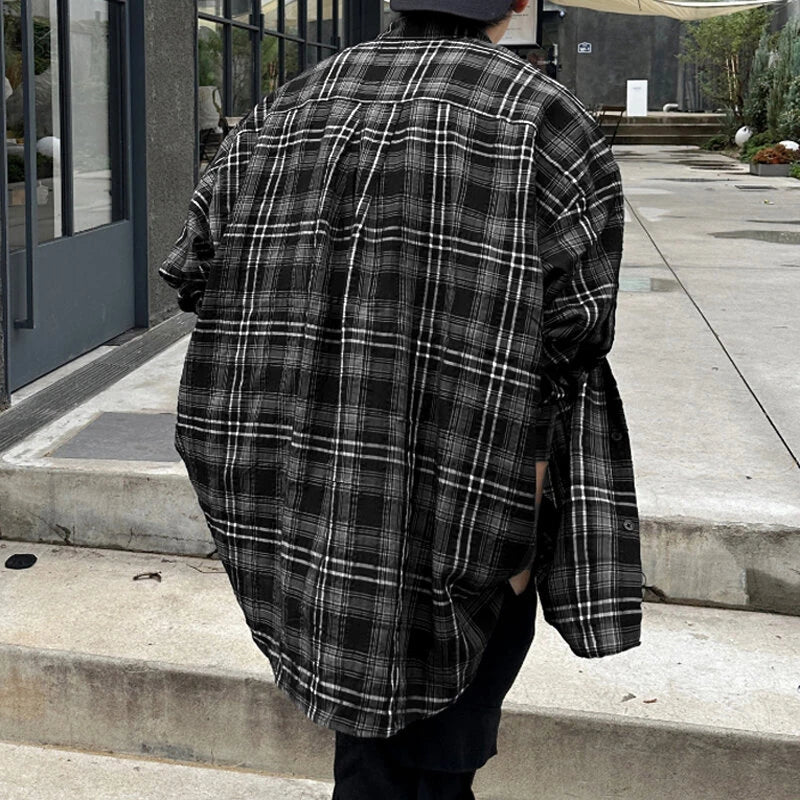 INCERUN Classic Black White Plaid Design Men's Casual Long Sleeve Shirt, Men's Button Up Shirt for Daily Occasions