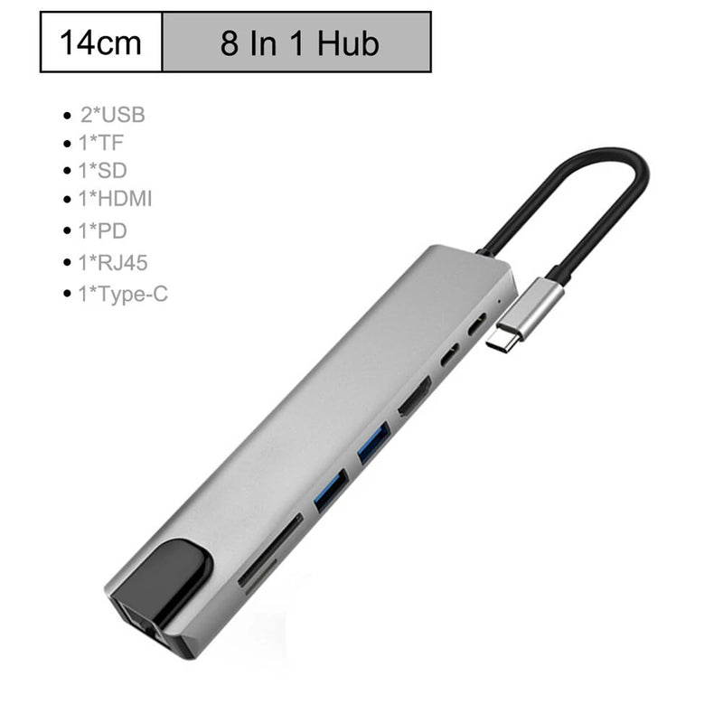 Bakeey PB-C7366 8-in-1 USB-C Hub Docking Station Adapter With 4K HDMI HD Display / 87W USB-C PD3.0 Power Delivery / USB-C Data Transmission / 2 * USB 3.0 / RJ45 Ethernet / Memory Card Readers