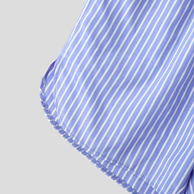 INCERUN Mens Fashion Striped Loose Two Pieces Outfit Comfortable Long Sleeve Shirt & Short Two-piece Suits