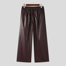 INCERUN Mens Solid Color Leather Wide-Leg Pant Casual Elastic Waist Straight Legged Pants