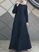 Lace Stitching A-Line O-Neck Solid Color Long Sleeve Muslim Dress Abaya Kaftan For Women