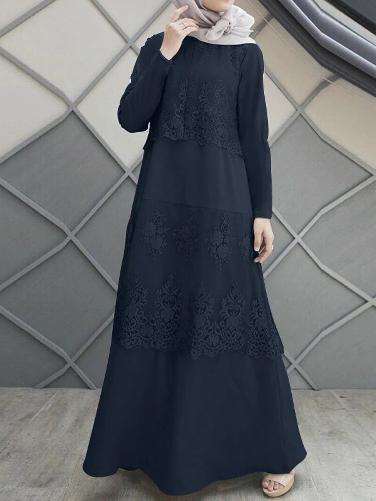 Lace Stitching A-Line O-Neck Solid Color Long Sleeve Muslim Dress Abaya Kaftan For Women