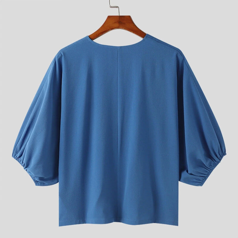 INCERUN Mens Shirts Fashion Big V-neck Bubble Short Sleeve Top Shirts Summer Fashion Party Top Shirts Male Clothing