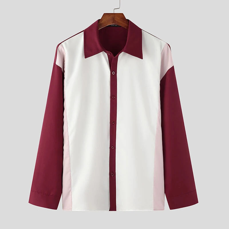 INCERUN Mens Colorblock Patchwork Long Sleeve Shirt Comfortable Soft Fashion Lapel Top Shirt