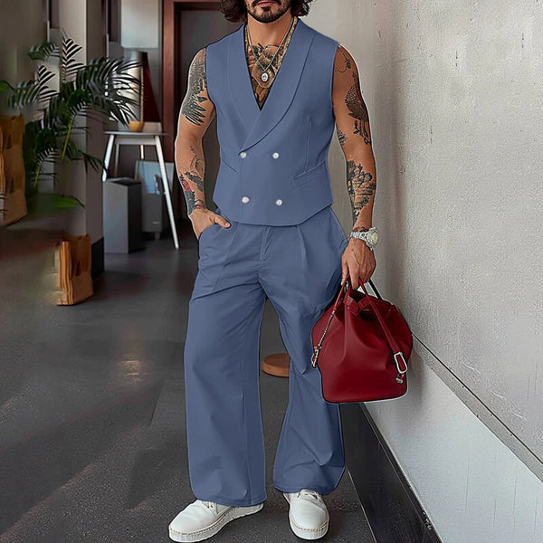 INCERUN Mens Solid Color Double-Breasted Two Pieces Outfit Sleeveless Blazer Vest Pant Casual Suit for Male