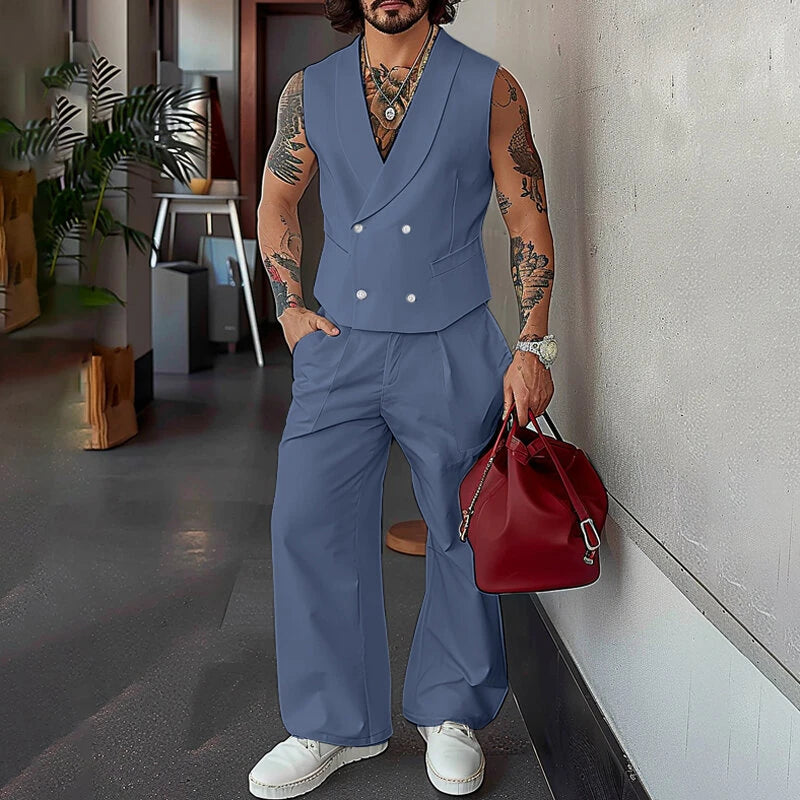 INCERUN Mens Solid Color Double-Breasted Two Pieces Outfit Sleeveless Blazer Vest Pant Casual Suit for Male
