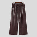 INCERUN Mens Solid Color Leather Wide-Leg Pant Casual Elastic Waist Straight Legged Pants