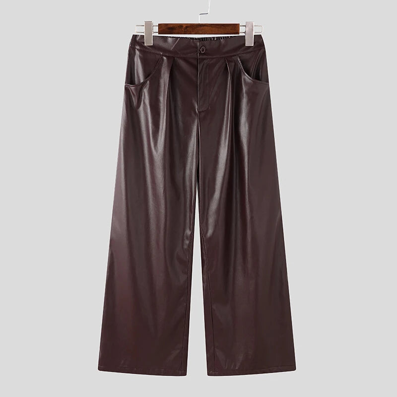 INCERUN Mens Solid Color Leather Wide-Leg Pant Casual Elastic Waist Straight Legged Pants