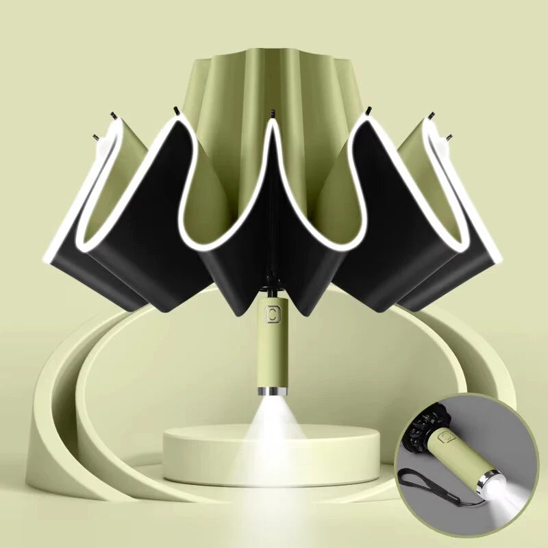 Automatic Folding Reverse Sun Umbrella Upgraded Windproof Design with Reflective Strip LED Light Convenient Handle Rainproof
