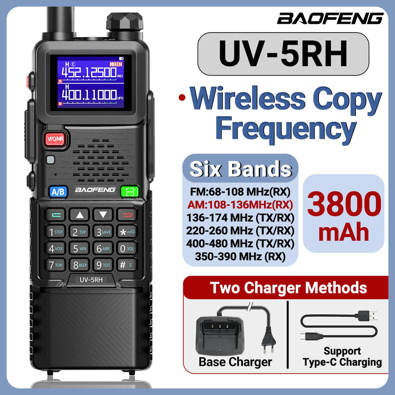 Baofeng UV-5RH 10W Tri-band Walkie Talkie 3800mAh Type-C Rechargeable Wireless Copy Frequency Handheld Two-way Radio