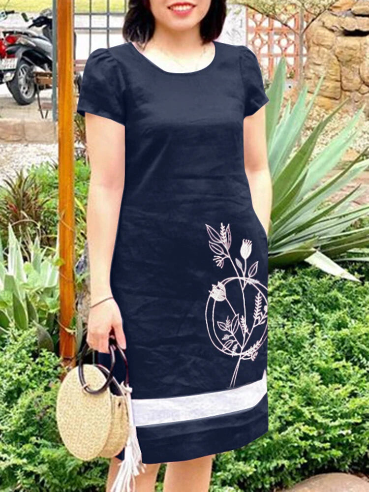 ZANZEA Summer Women Vintage Short Sleeve O-Neck Floral Embroidery Dresses Casual Shift Dresses