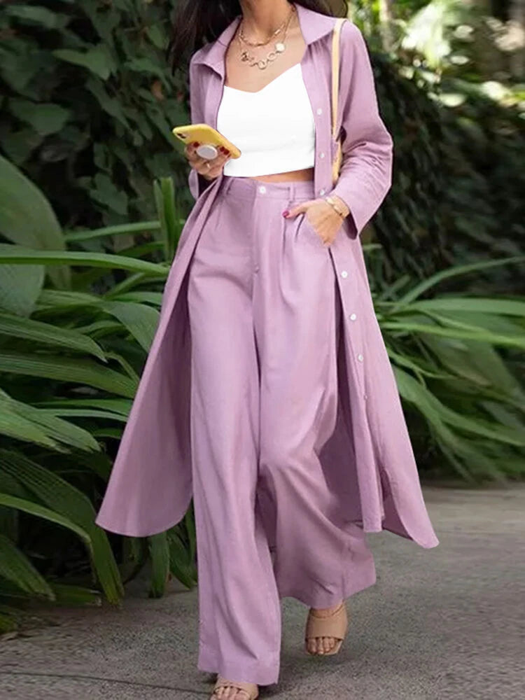 ZANZEA Women Plus Size Two Set Solid Button Lapel Long Sleeve Long Blouses and Pant Two Pieces Set