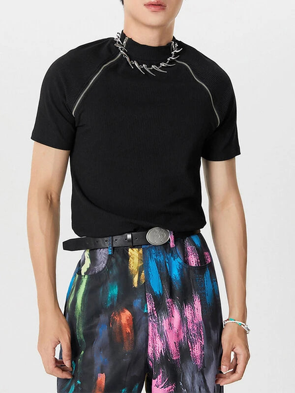 INCERUN Men Design T-Shirt Fashion Double Side Zippers Short Sleeve Men's Tee Summer Comfortable Solid Color Mens Top