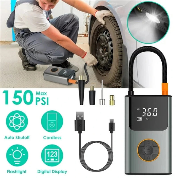 150PSI Fast Inflation Bike Air Pump 5 Inflation Modes 70W Power 2000mAh Power Bank Digital Display USB Rechargeable Auto Shutup Smart Portable Mini Flashlight Pump for Bicycle Car Basketball