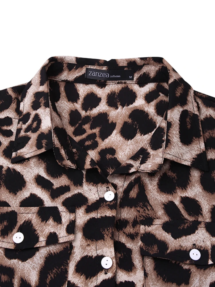 ZANZEA Leopard Print Button Up Shirt Dress for Women, Elegant Long Sleeve Dress For Spring & Fall, Women Lapel Button Long Shirt Dress Loose Vintage Maxi Dress