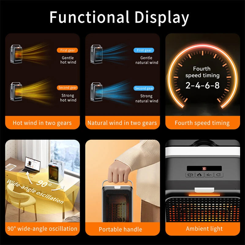 Portable Desktop Electric Heater Fan with Remote Control 4 Modes Heater Save Energy 1000W Mini Fast Heating PTC Ceramic Space Household Heater-EU Plug