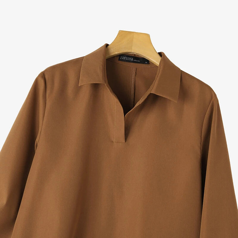 ZANZEA Women's Dresses Turn-Down-Collar 3/4 Sleeve Elegant Office Side Split Plain Maxi Shirt Dress