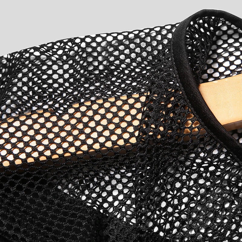 INCERUN Men T-Shirt Contrast Mesh Patchwork Crew Neck Short Sleeve Black T-shirt