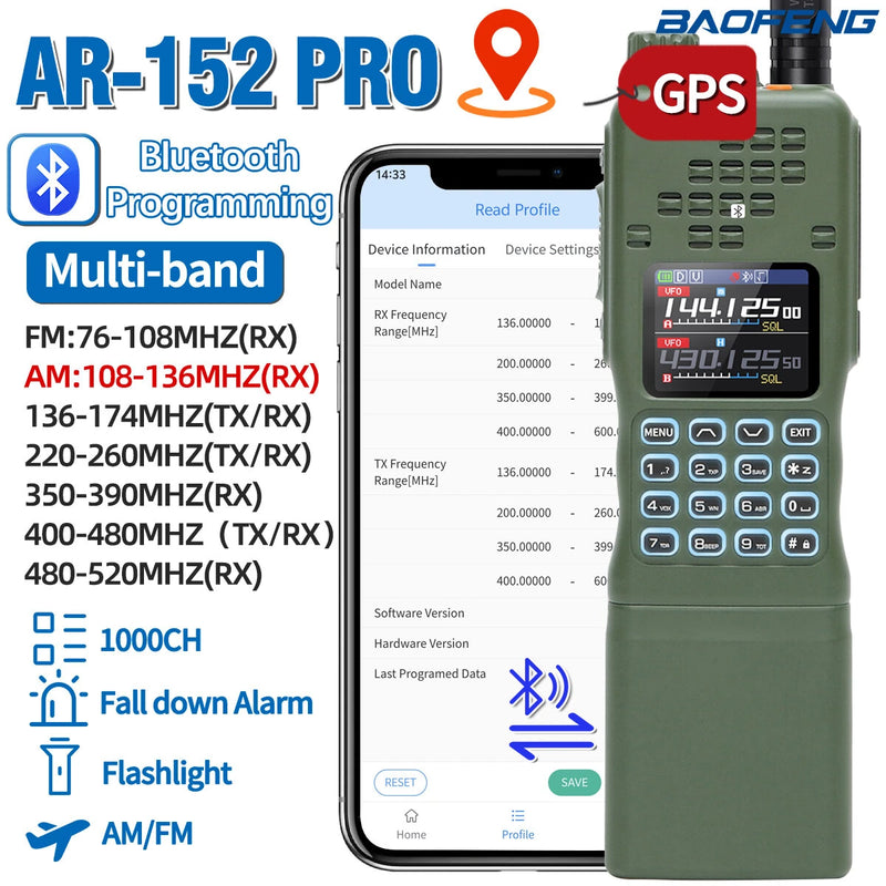 BAOFENG AR-152 PRO 10W GPS Walkie Talkie Long Range Bluetooth Programming Multi Band 12000mAh Tactical 1000CH Two Way Ham Radio with Flashlight