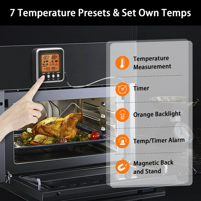 AGSIVO Digital Food Oven Meat Thermometer With Probe Timer Alert Backlight Outdoor Grill Cook Barbecue Kitchen Cooking BBQ Thermometer