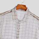 INCERUN Men Shirt Mesh Transparent Plaid Lapel 3/4 Sleeve Short Shirt Fashion Casual Men Clothing Loose Button Camisas