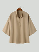 INCERUN Mens Shirt Solid Color Stand Collar Shirt Summer Casual Loose Fit Half Long Sleeve Top Men Clothing Shirts