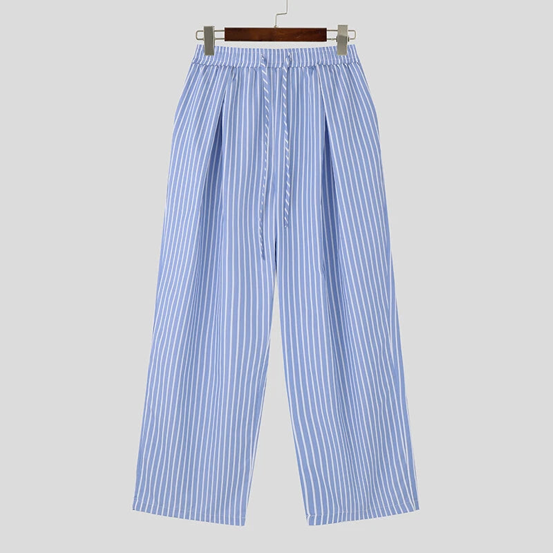 INCERUN Men Trendy Striped Drawstring Waist Casual Pants Daily Casual Home Elastic Waist Long Trousers for Men Large Size S-5XL