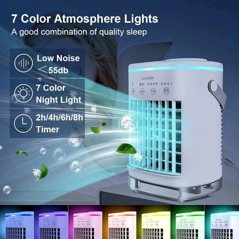 Mini Air Conditioner 700ml High-Capacity USB Cooling Fan with Four-Speed Wind Setting Mood Lighting and Natural Wind Mode Ideal for Bedroom Cooling and Air Humidification