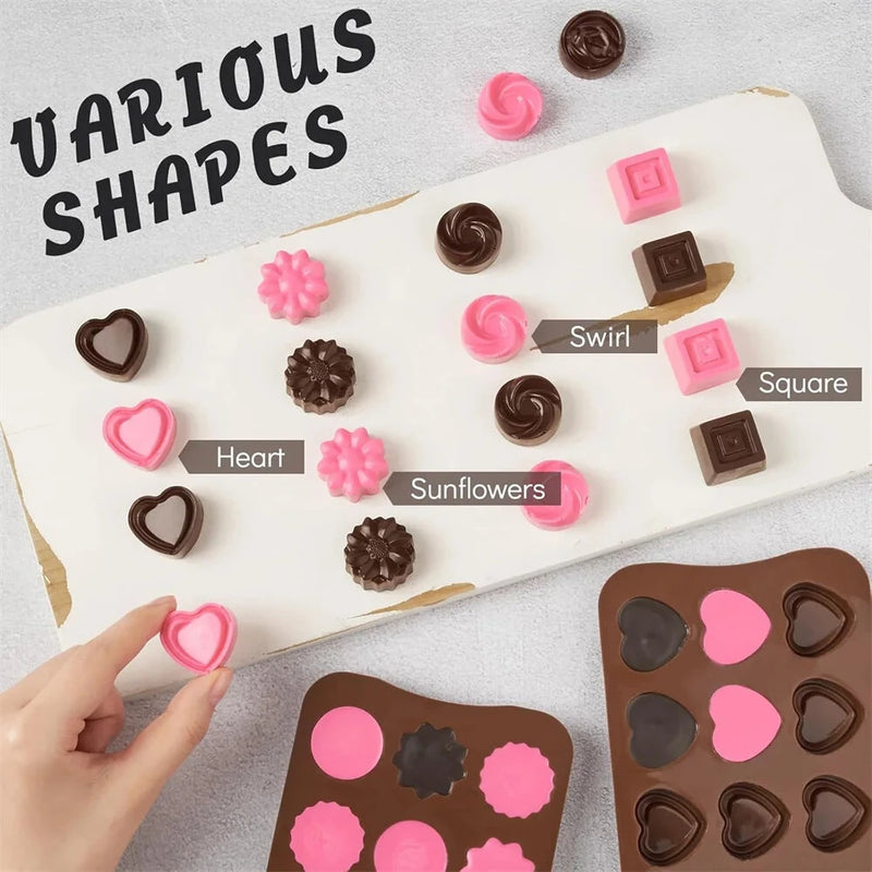 4PCS Food-Grade Silicone Material Chocolate Molds Set Rose Flower Heart Chocolate Mould Waffle Candy Ice Cube Jelly Handmade Soap Cake Decoration Baking Mold