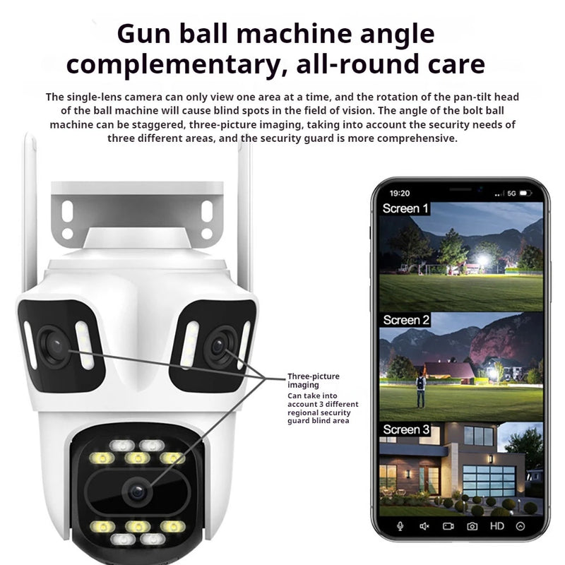 8MP 3 Lens Full HD WIFI IP Camera 8x Zoom 3 Screens Preview IP66 Waterproof Night Vision Two-Way Audio WiFi bluetooth SD Card Cloud Storage