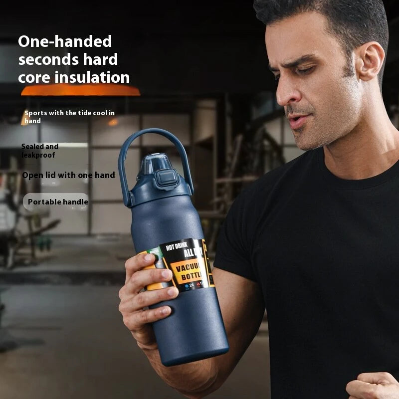 1000ml/33oz 304 Stainless Steel Portable Thermal Flask Water Bottle Cold Hot Thermos Insulated Water Bottle with Straw Use As Mobile Phone Holder