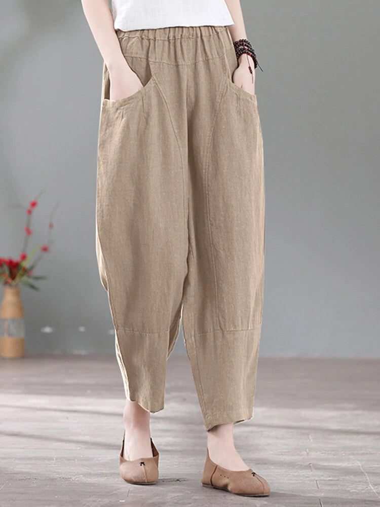 Solid Pocket Casual Cotton Pants