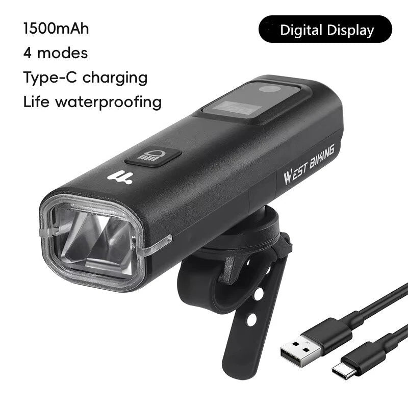 WEST BIKING Smart LED Digital Display Bike Headlight 1500mAh Battery Type-C Charging Waterproof Mini Portable Bicycle Front Light for MTB Bike Road Bike Flashlight