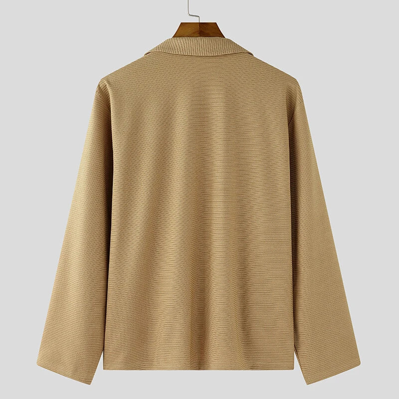 INCERUN Mens Knitted Polo Collar Long Sleeve Cardigan Comfortable Fashion Solid Color Men Top for Spring Fall Winter