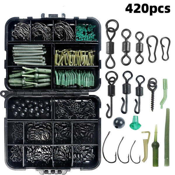 Anmuka 420pcs Fishing Tackle Kit ABS Boxed Fishing Accessories Set with Hooks Swivels Beads Locking Pins Screw Block Beans Anti-winding Sleeves Fit for Anglers