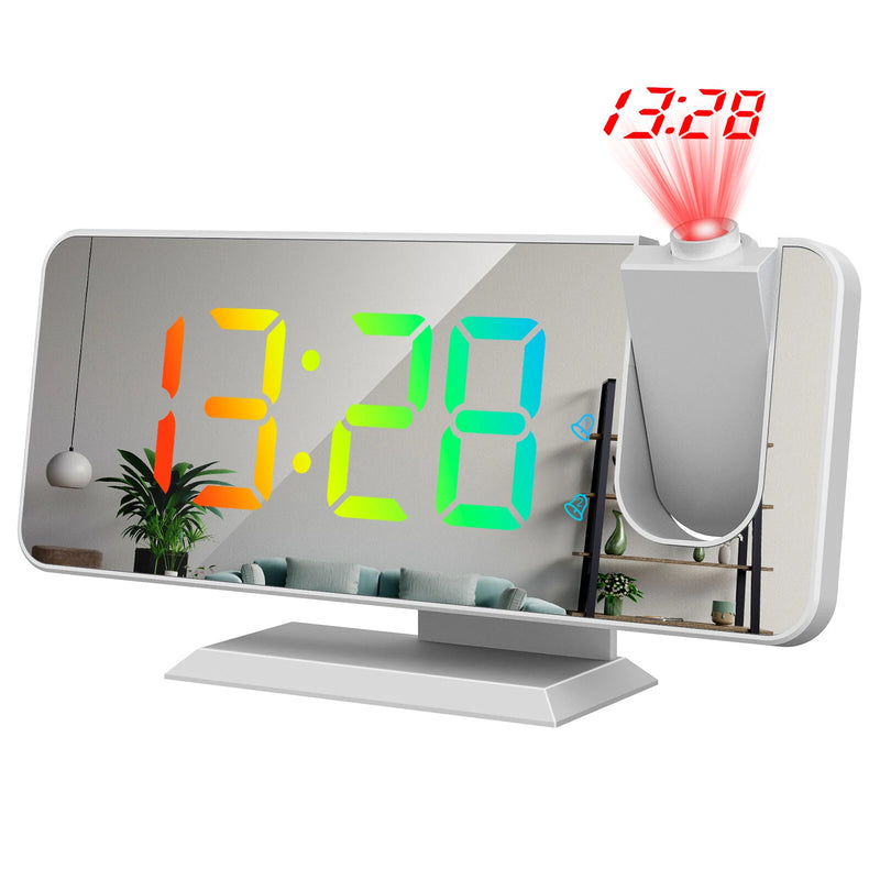 AGSIVO LED RGB Digital Projection Alarm Clock with 180 Rotatable Projector / 11 Colors / Mirror Surface / Snooze / 6-Level Brightness Dimmer / Clear LED Display / USB Charger For Bedroom Living Room