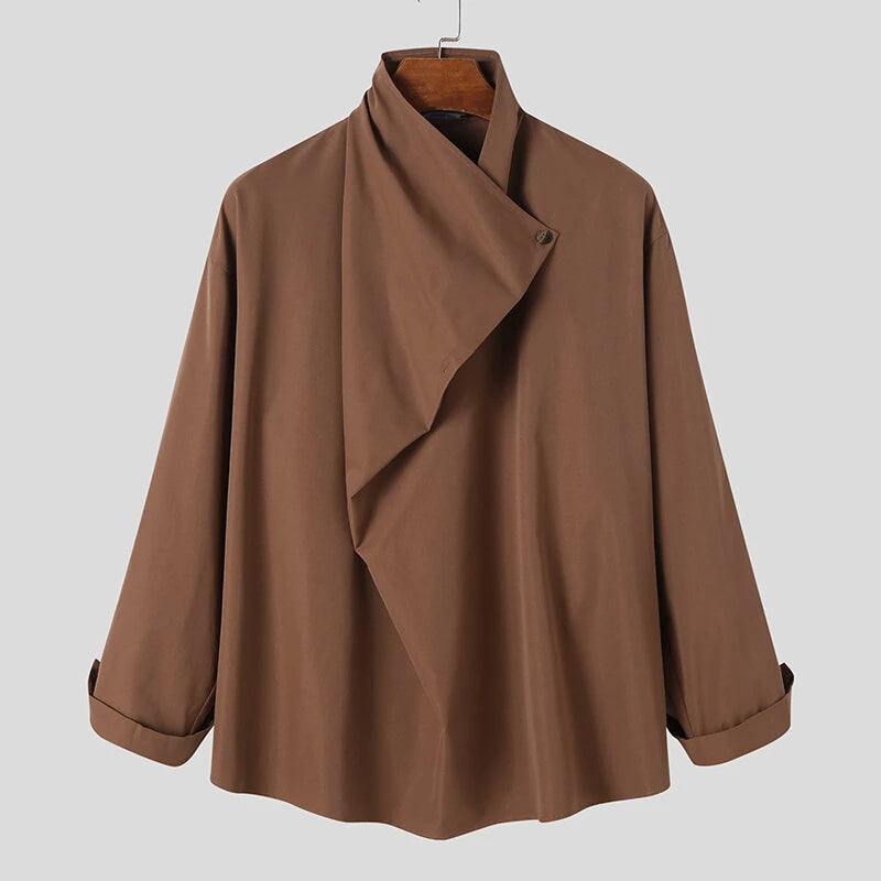 INCERUN Mens Solid Irregular Neck Long Sleeve Shirt Fashion Casual Solid Color Shirt Top for Men