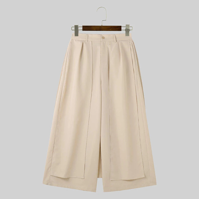 INCERUN Men Trendy Layered Skirt Pants Loose Fit Casual Comfortable Wide Leg Trousers with Side Pockets Plus Size