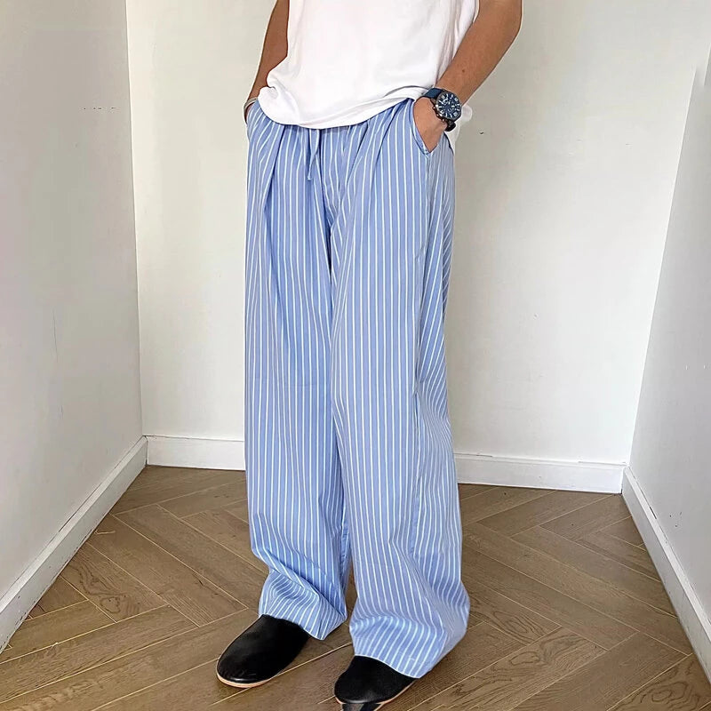 INCERUN Men Trendy Striped Drawstring Waist Casual Pants Daily Casual Home Elastic Waist Long Trousers for Men Large Size S-5XL